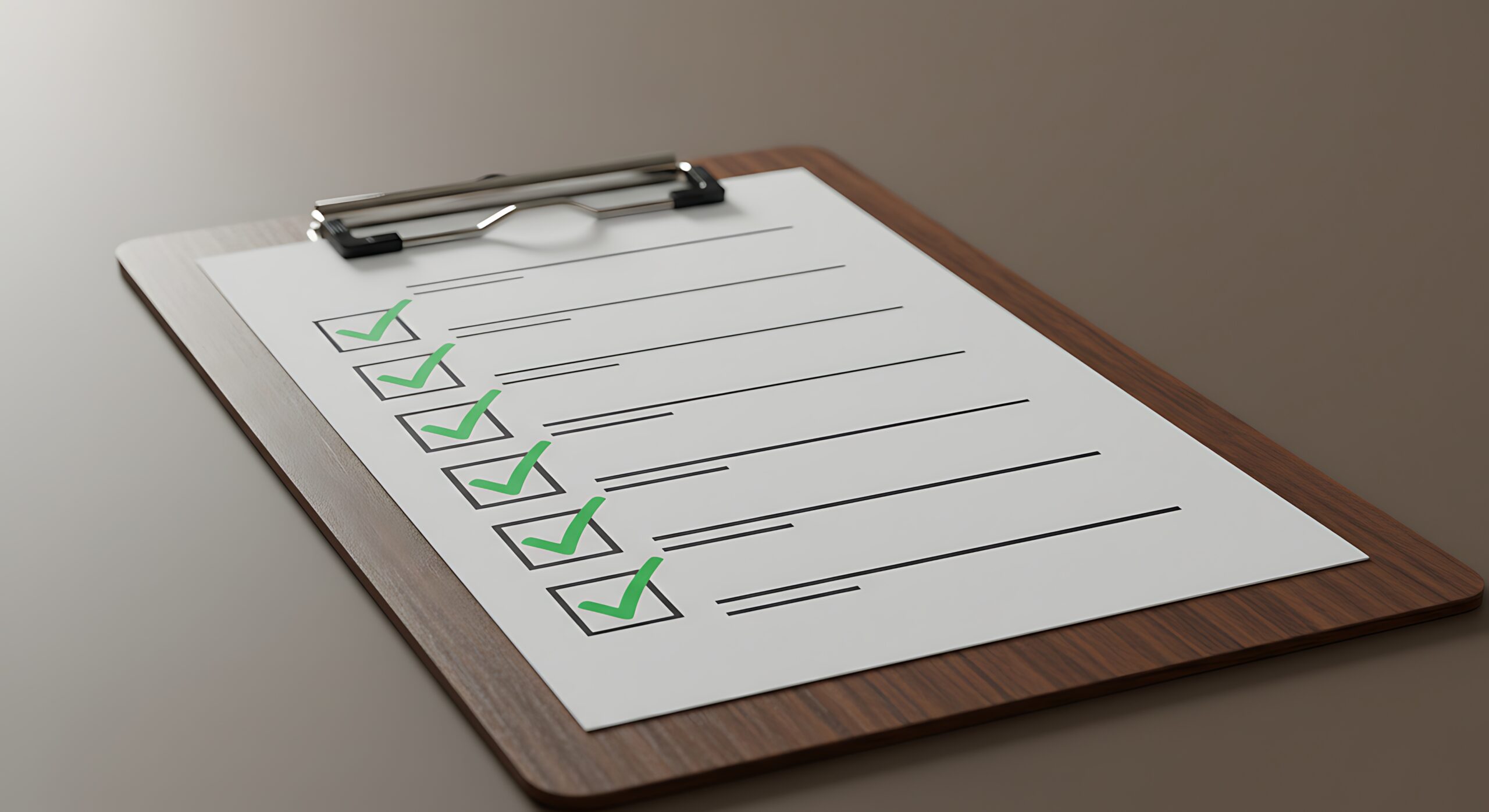 Checklist on Wooden Clipboard with Green Check Marks, Angled Vie Suivi qualité après chaque intervention